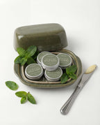 Set of small containers labeled 'Wild Mint' in a green ceramic dish with mint leaves on a white background.