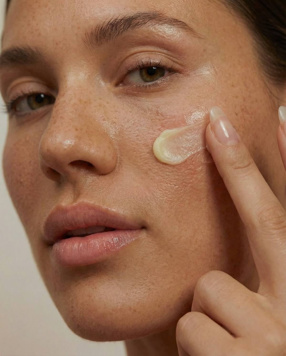 Woman applying cream to her face with a neutral background