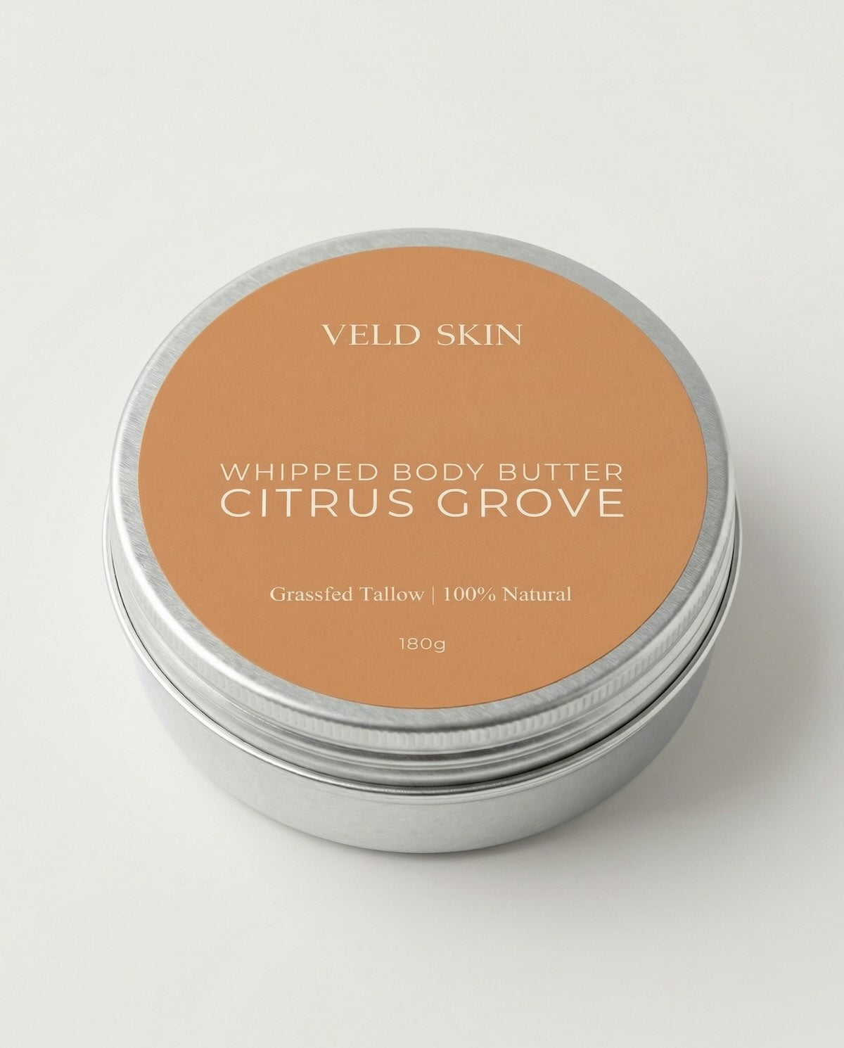 Veld Skin whipped body butter container with 'Citrus Grove' scent on a white background