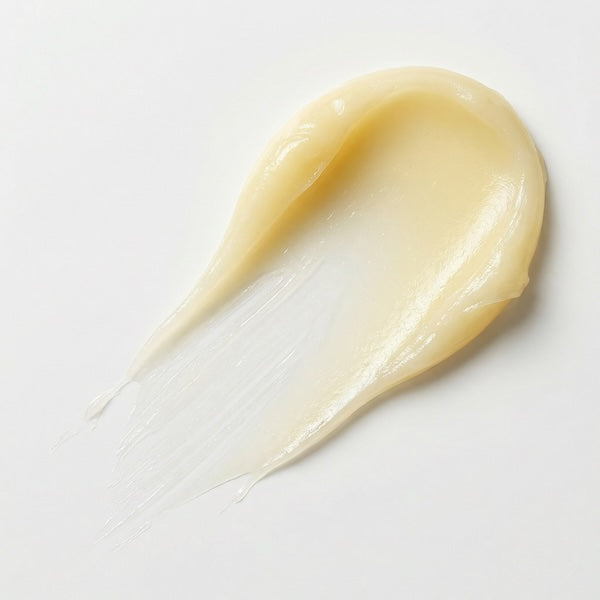 Close-up of a smooth, beige-colored cream on a light gray background