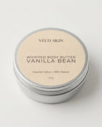 Veld Skin whipped body butter container with vanilla bean flavor on a white background