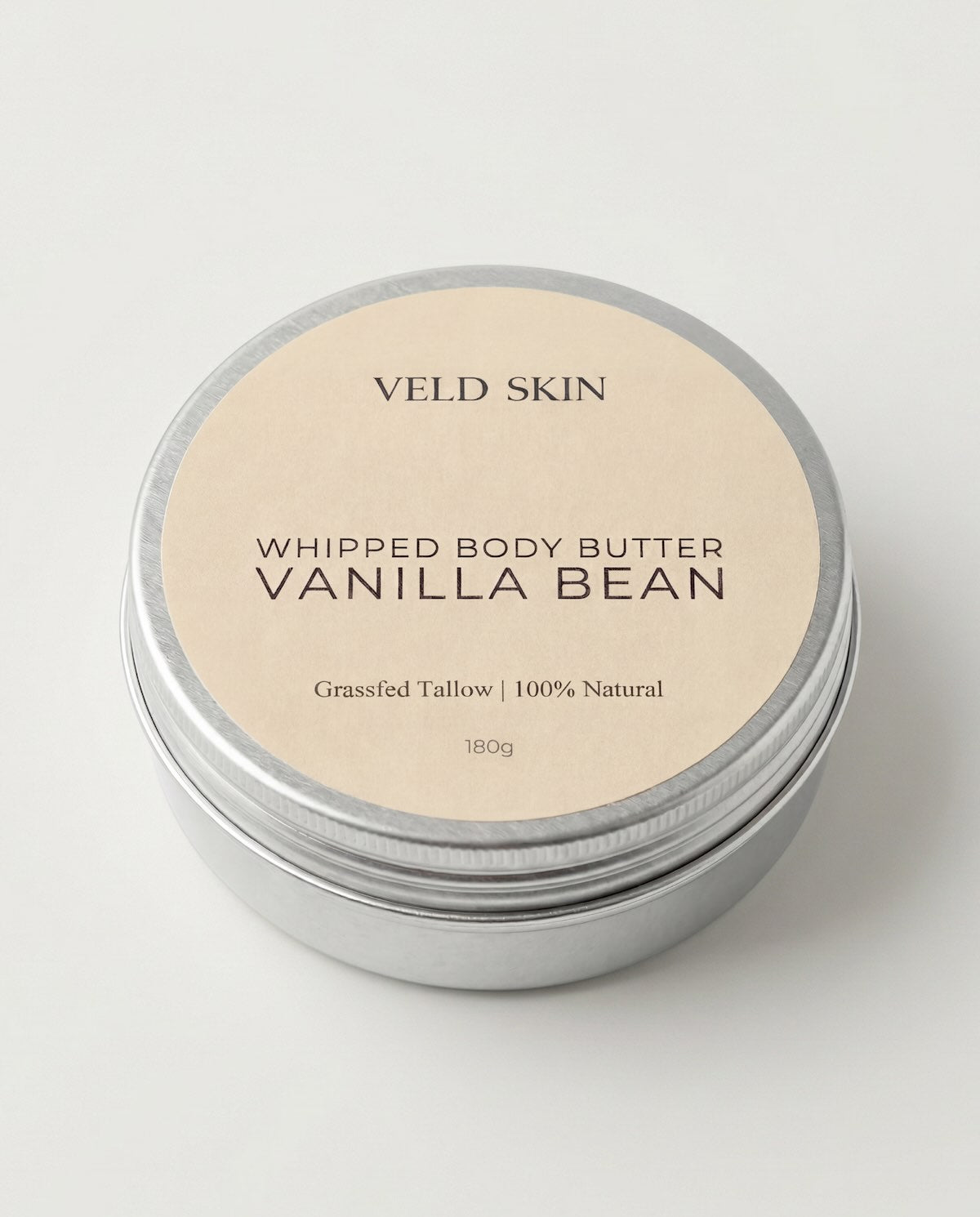 Veld Skin whipped body butter container with vanilla bean flavor on a white background