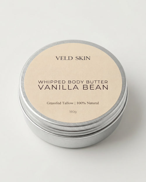 Veld Skin whipped body butter container with vanilla bean flavor on a white background